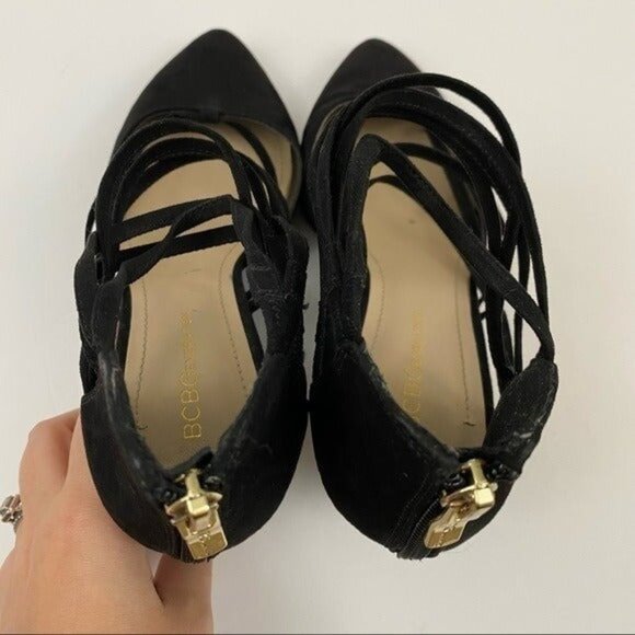 BCBGeneration Zolee2 Black Strappy Pointy Toe Wedge Heels Holiday Office Size 8M - Picture 6 of 10